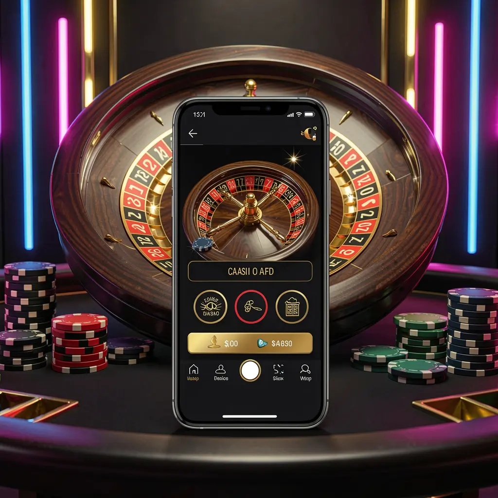 Adegan aplikasi kasino seluler yang menampilkan ponsel di tengah dengan roda roulette dan chip poker di latar belakang, diterangi lampu neon bercahaya dalam gaya hitam dan emas premium, menampilkan merek 77 YK