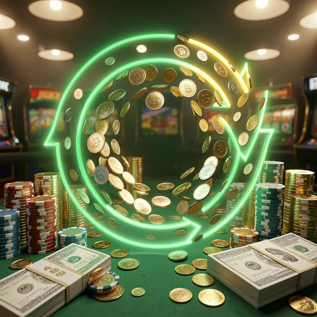 Adegan bonus cashback kasino 77 YK yang menampilkan koin bergerak dalam panah melingkar, tumpukan chip, dan bundel uang tunai dengan cahaya hijau dan emas dalam render 3D realistis