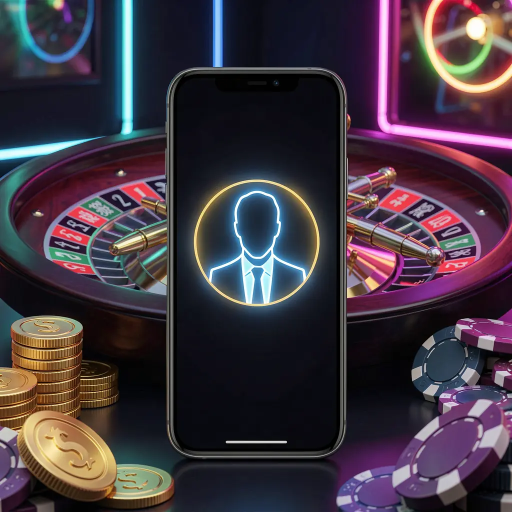 Ponsel modern yang menampilkan ikon profil bercahaya untuk masuk kasino online 77 YK, dengan latar belakang neon gelap premium disertai lampu roulette, koin emas, dan chip poker