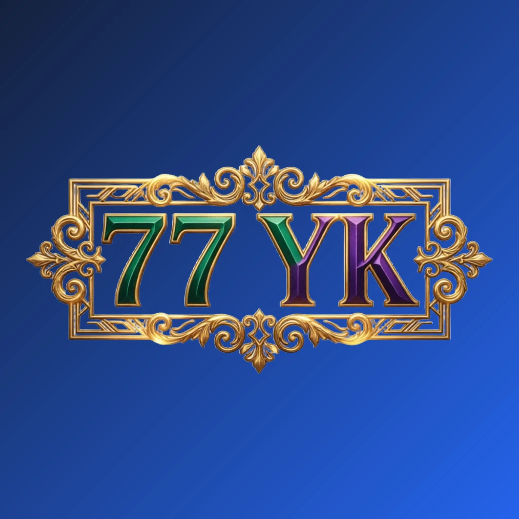 Logo mewah berwarna-warni dengan teks '77 YK' menggunakan tipografi serif tebal, palet warna zamrud, ungu, dan emas yang kaya, ornamen bercahaya elegan, identitas merek premium dari 77 YK, desain wordmark horizontal persegi panjang dengan latar belakang transparan untuk header situs web