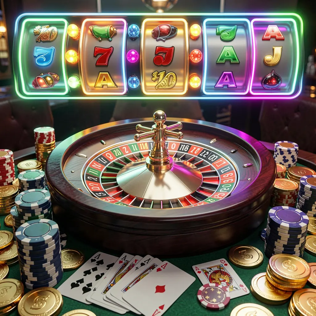 Visual beranda kasino 77 YK yang menampilkan render 3D realistis dari roda roulette, chip poker, kartu remi, koin emas, dan lampu jackpot neon terang dalam komposisi dinamis